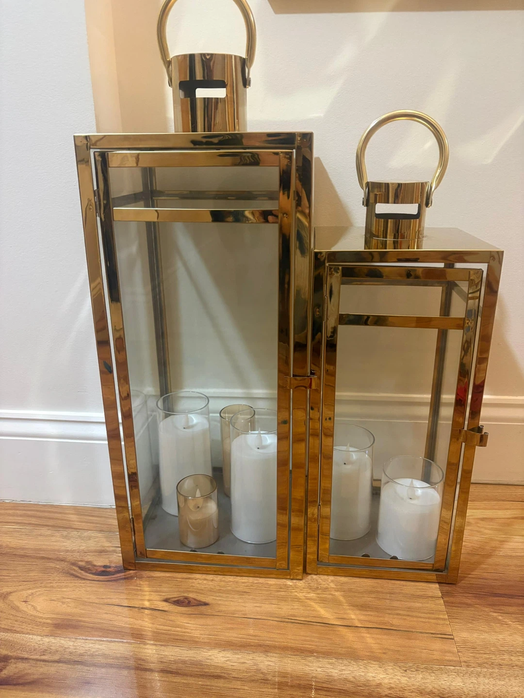 Gold Metal and Glass Lanterns with LED Candles (Set of 2)