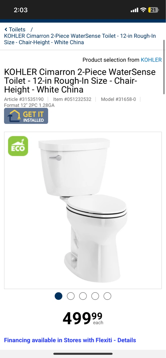 Kohler Cimarron White 1.28 GPF Toilet