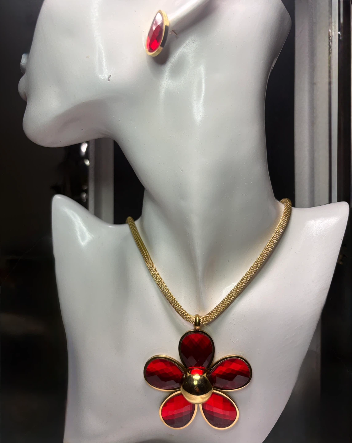 Set of 2 Red Flower Pendants and Crystal Earrings
