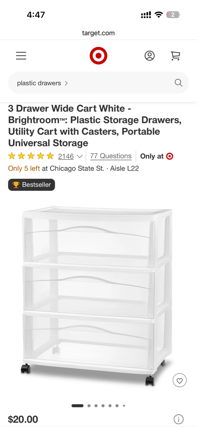 [Moving Sale] 3-Drawer Wide Cart (White)