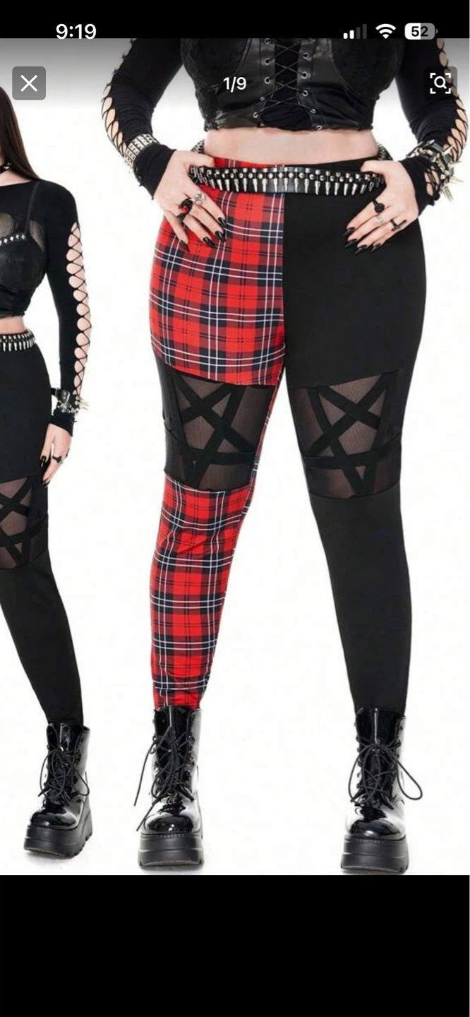 Split Plaid and Black Gothic Pentagram Mesh Leggings