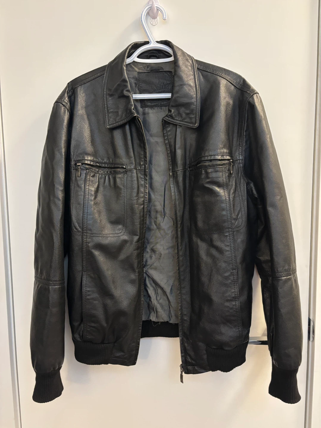 Men's Black Faux Leather Bomber Jacket - photo 3