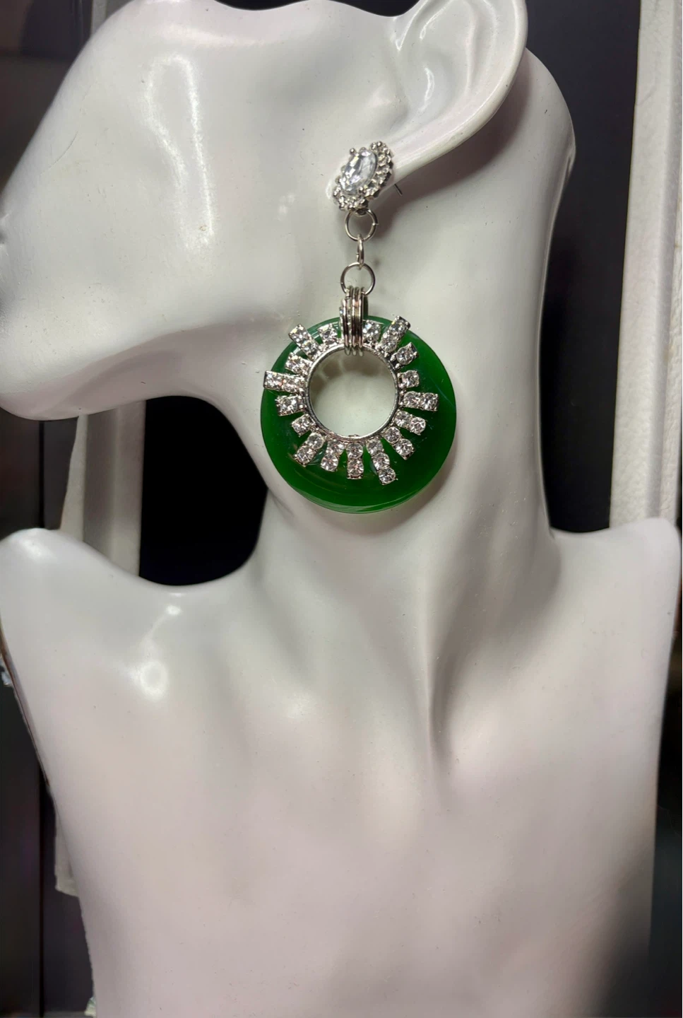 Statement Earrings - Black & Green with Rhinestones