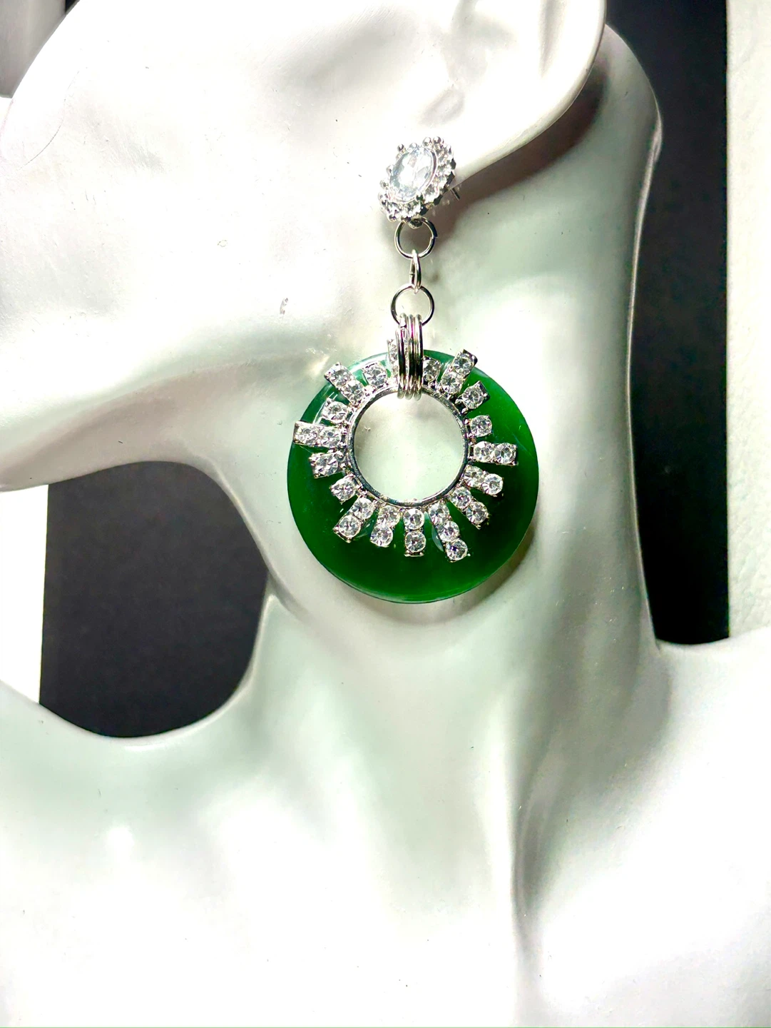 Statement Earrings - Black & Green with Rhinestones - photo 2