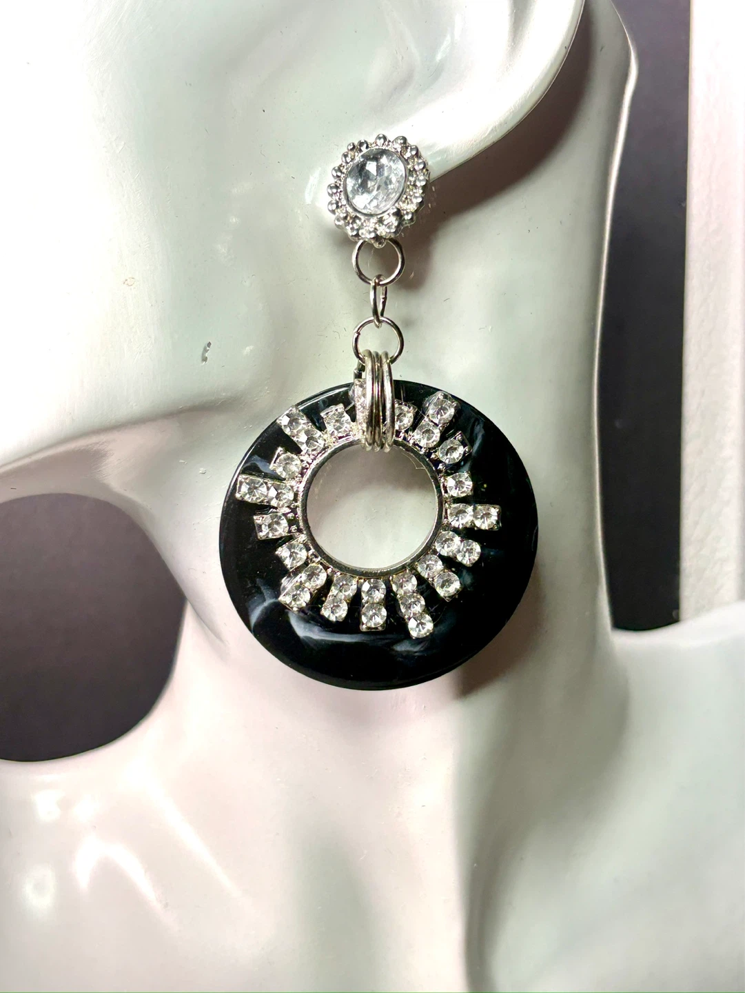 Statement Earrings - Black & Green with Rhinestones - photo 3