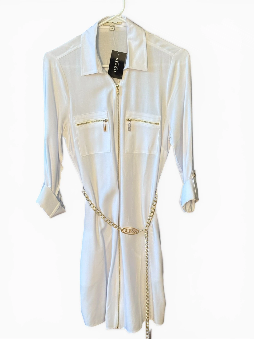GUESS Women's White Dress with Gold Chain Belt Size M