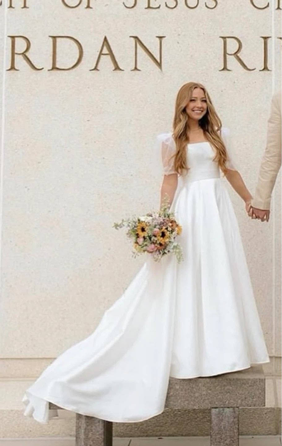 White Wedding Dress with Sheer Puff Sleeves