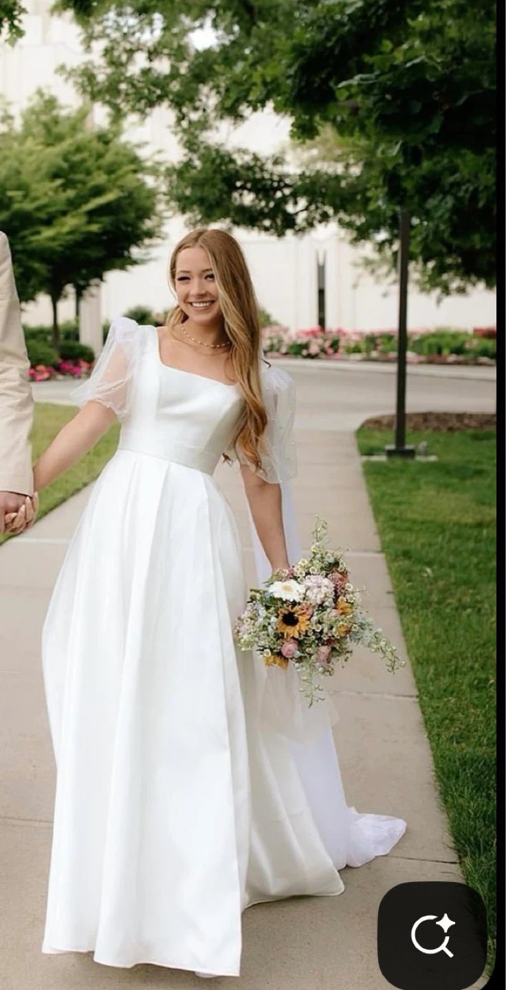 White Wedding Dress with Sheer Puff Sleeves - photo 2