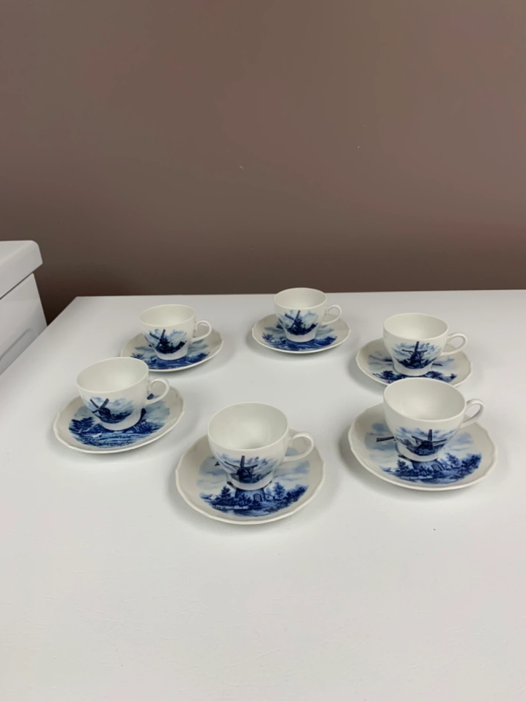 Set of 6 Delft Blue Windmill Teacups and Saucers
