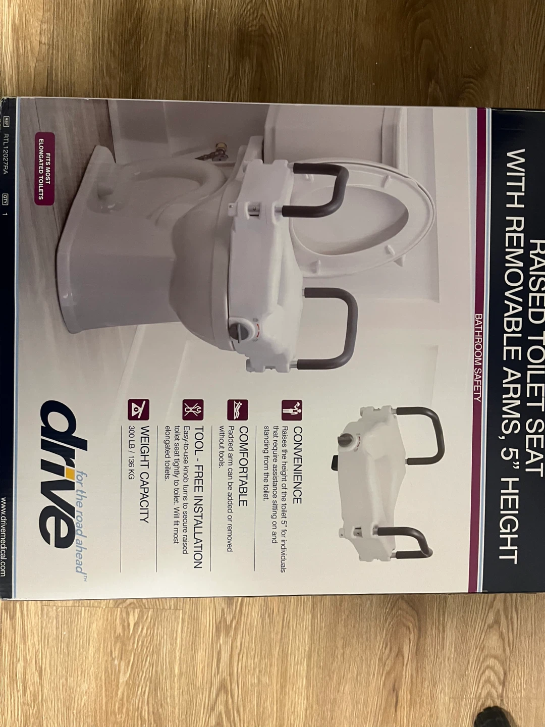 Drive Medical Raised Toilet Seat with Removable Arms, 5" Height