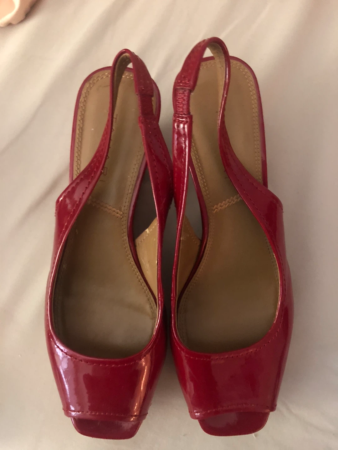 Tahari Red Patent Slingback Wedge Heels