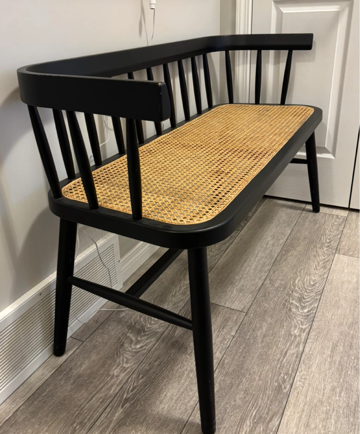 Black Wooden Bench with Cane Seat