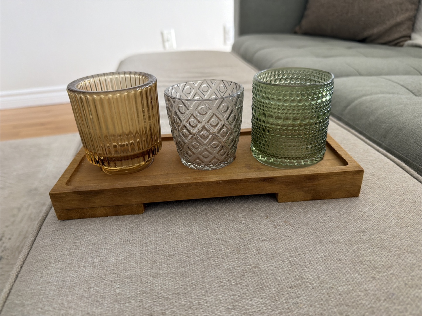 Set of 3 Votive Candle Holders with Wooden Tray