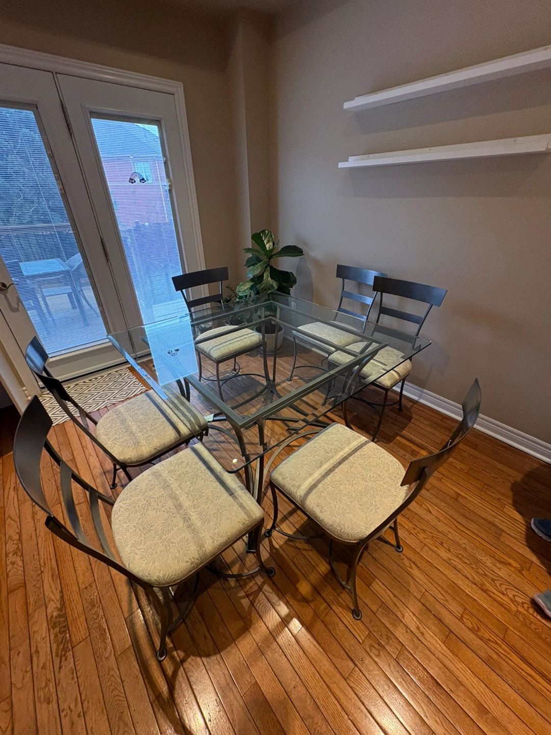 Wrought Iron custom  Glass Top Dining Table with 6 Fabric Chairs