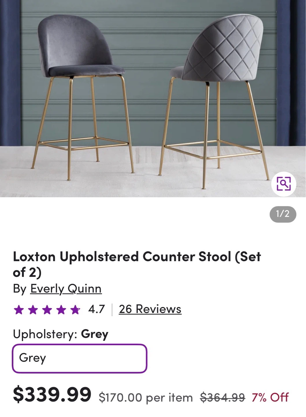 Everly Quinn Loxton Upholstered Counter Stool (Set of 2) - Grey - photo 3