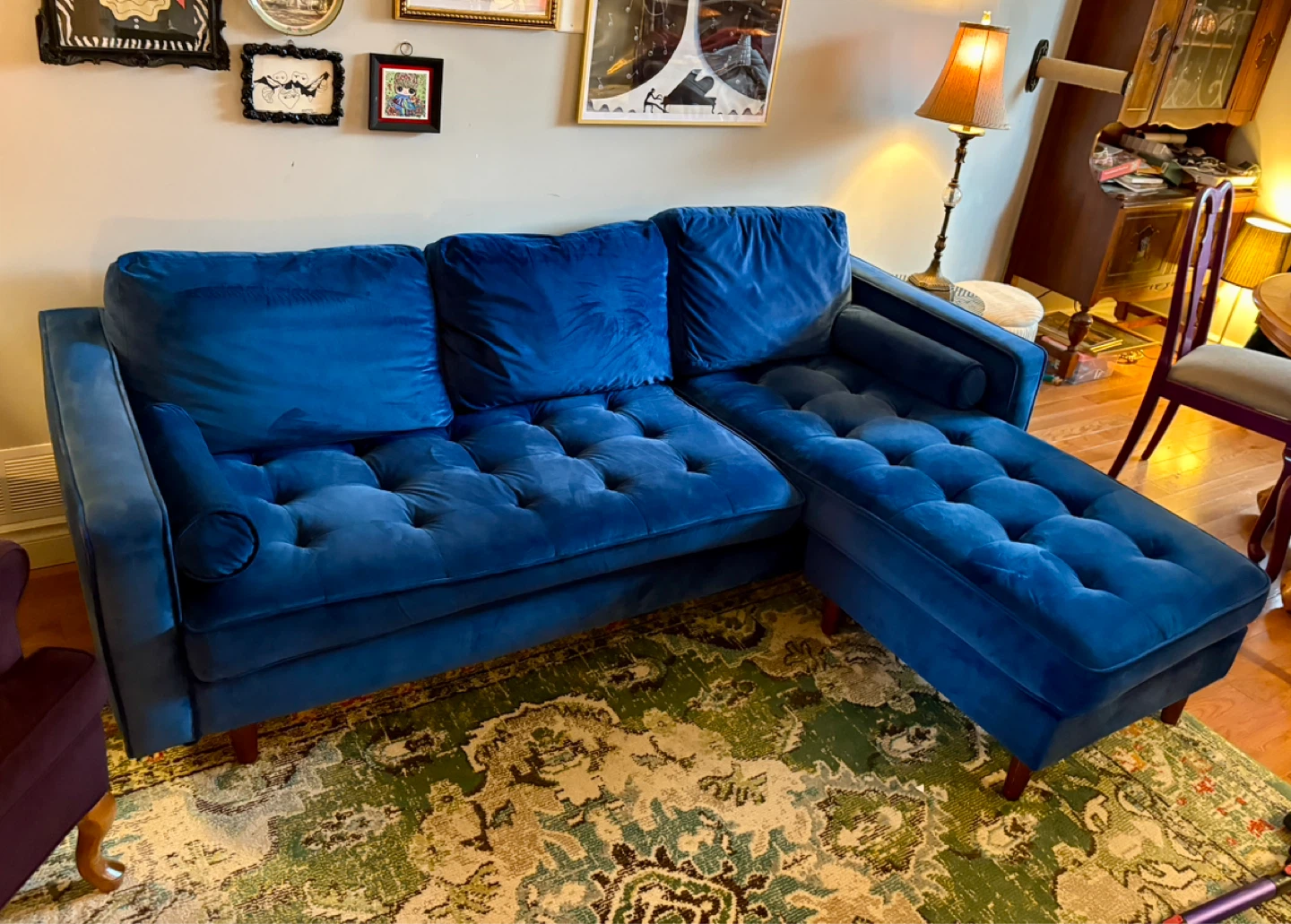 Blue Velvet Sectional Sofa with Chaise - photo 2