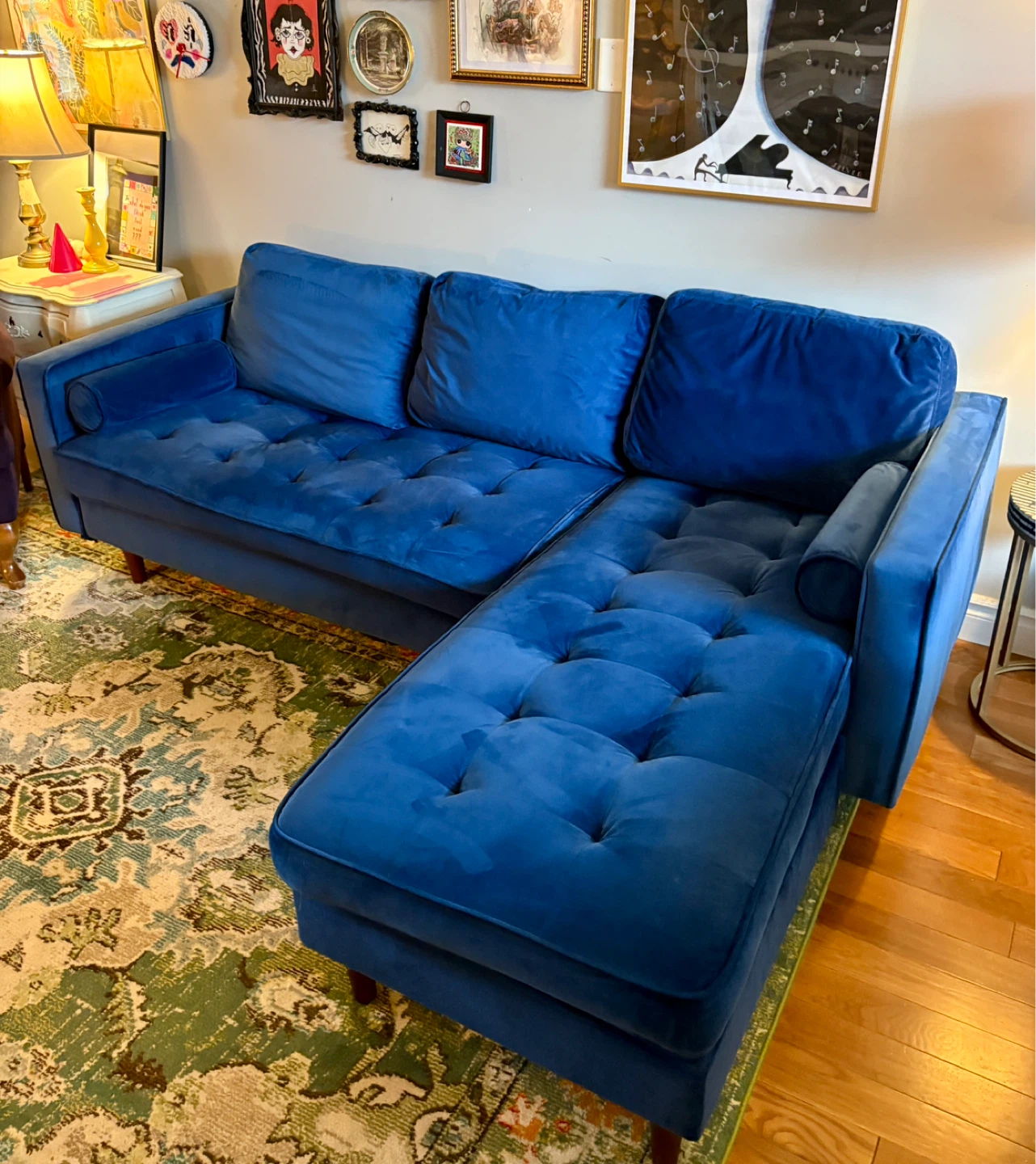 Blue Velvet Sectional Sofa with Chaise