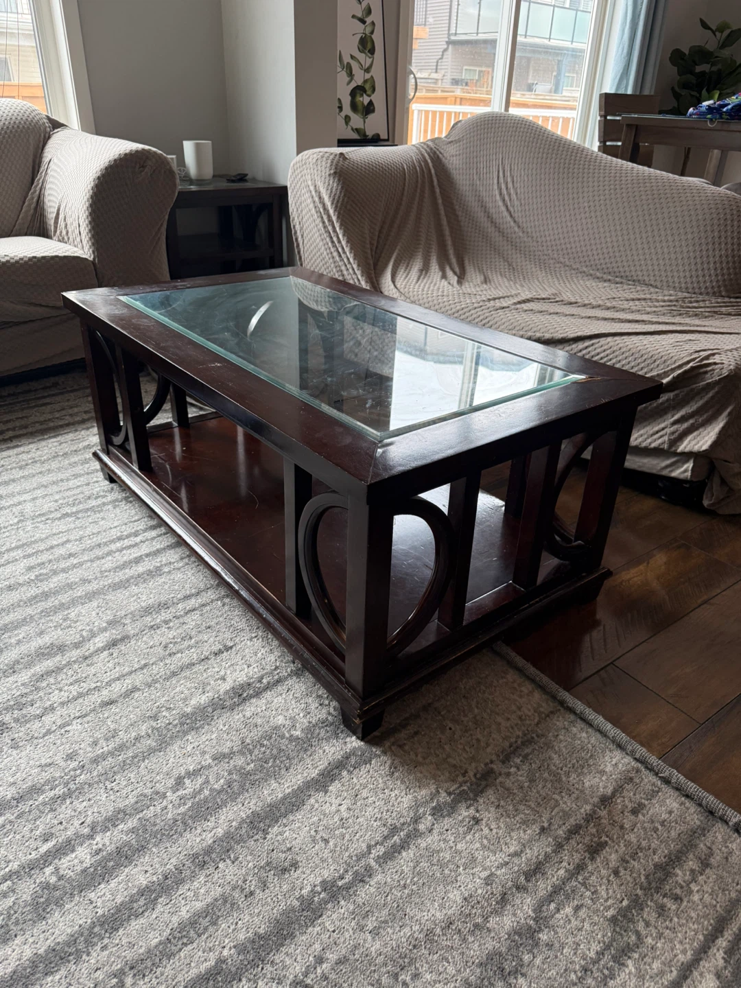 Dark Wood Coffee Table with Glass Top