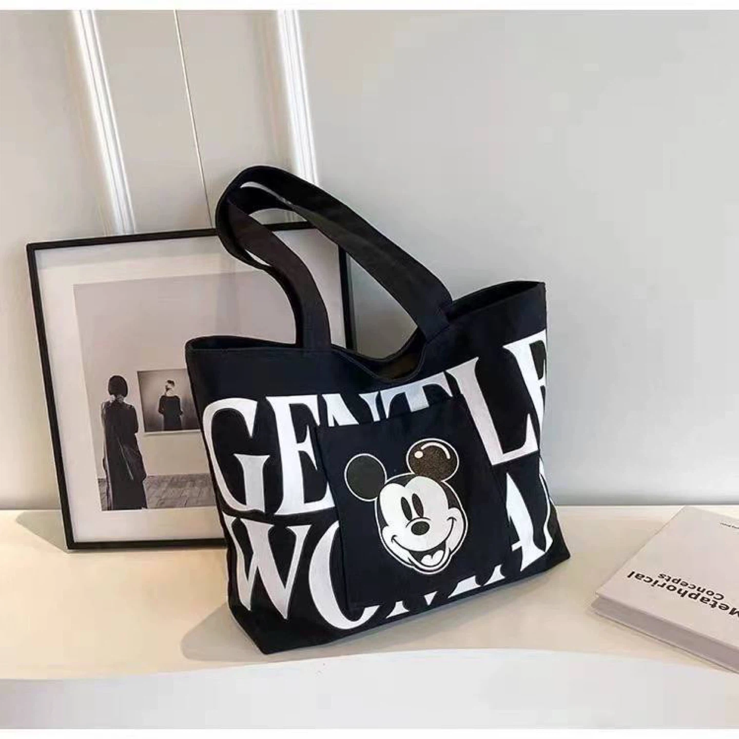 Canvas Tote Bag with Mickey Mouse Print