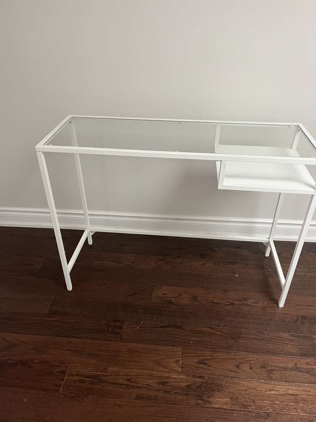 White Metal Frame Glass Top Desk with Shelf