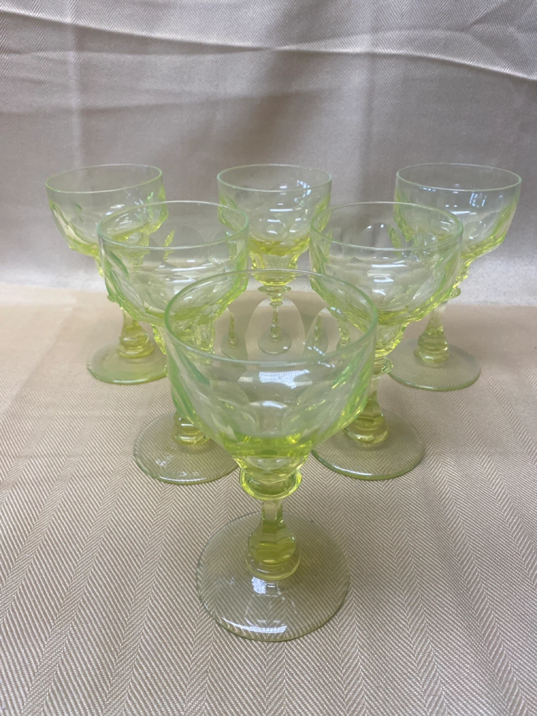 Set of 6 Vintage Green Depression Glass Footed Glasses