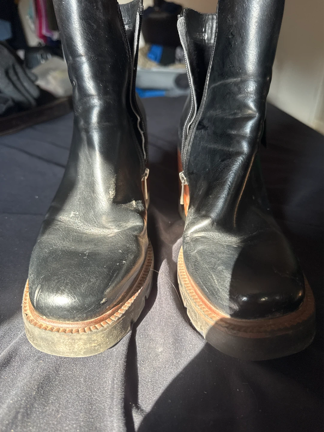 Black Leather Block Heel Ankle Boots