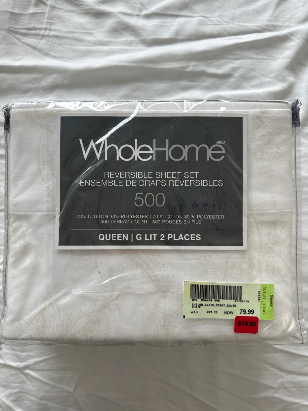 WholeHome Queen Reversible Sheet Set 500 Thread Count
