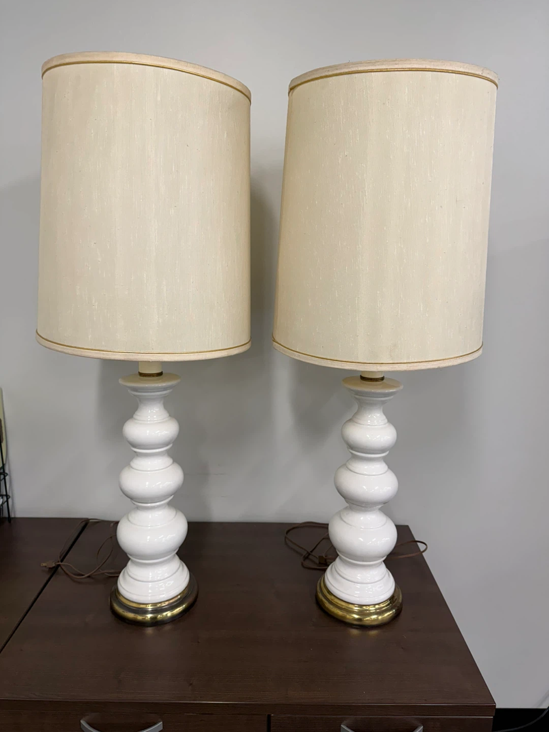 Pair of White Ceramic Table Lamps with Cream Shades