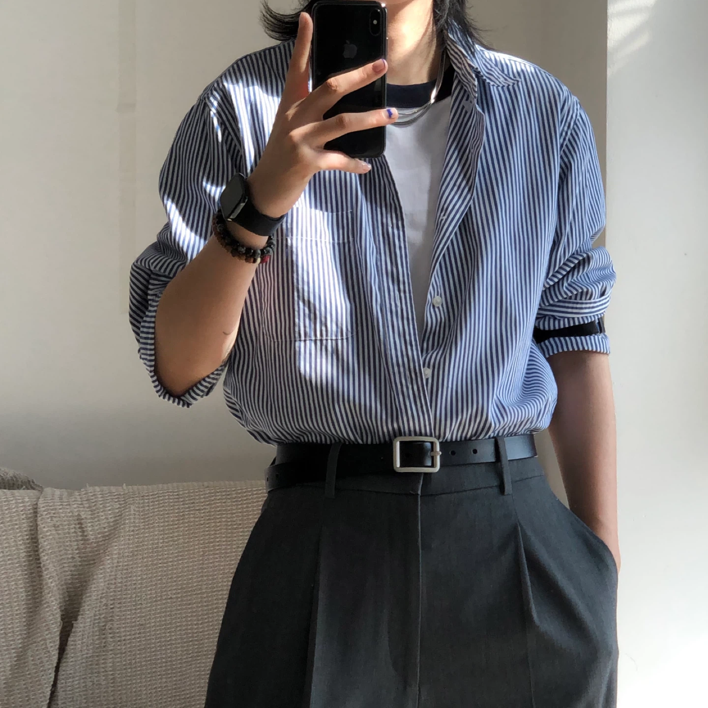Blue and White Striped Button-Up Shirt - photo 2