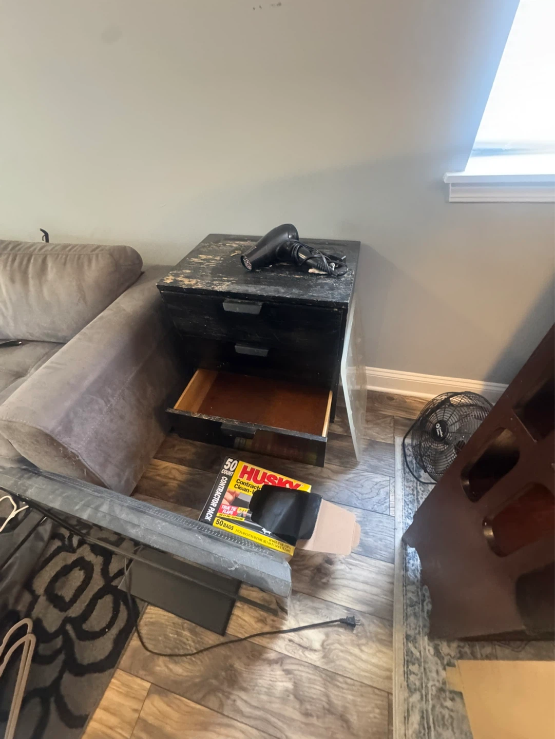 Black 2-Drawer Nightstand with Hair Dryer