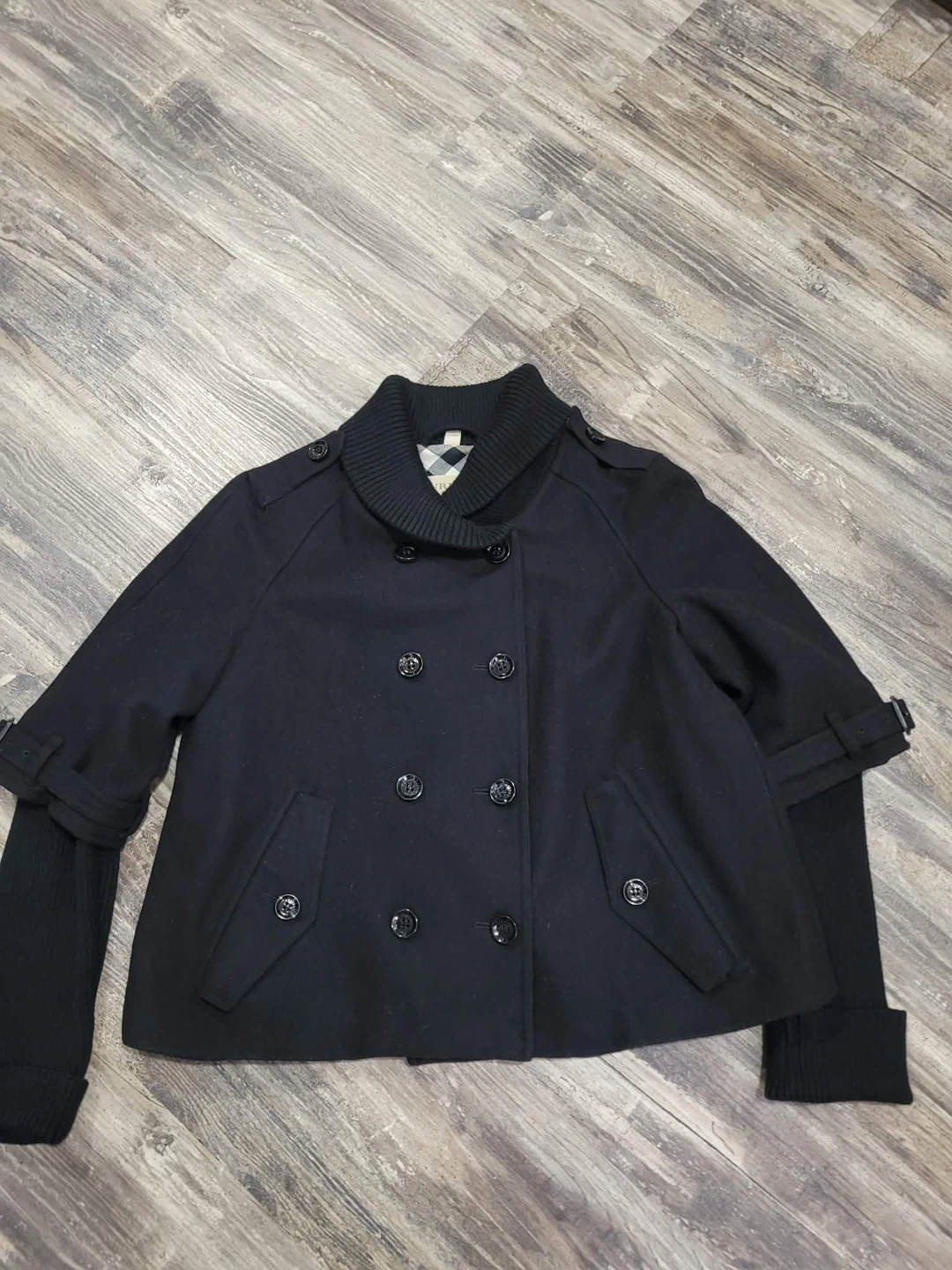 Burberry Brit Black Double-Breasted Wool Blend Jacket - Size 12
