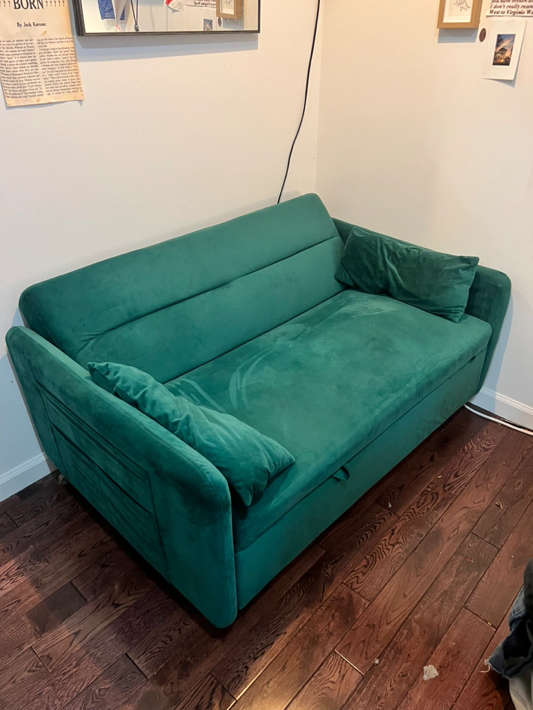 Green Velvet Sofa Bed with Storage