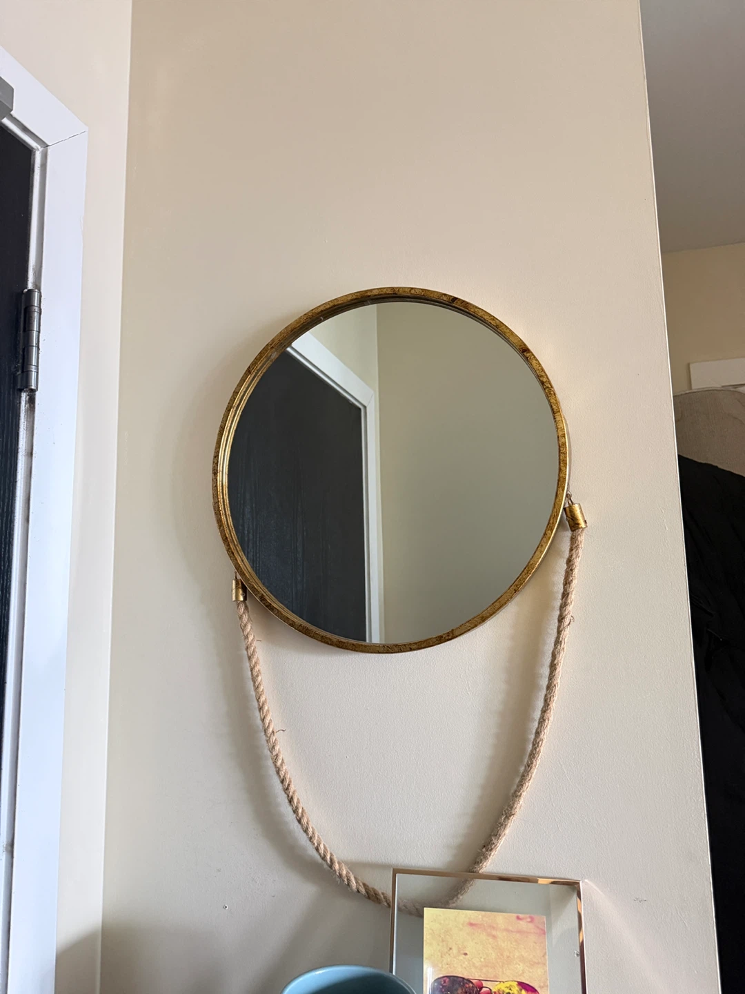 Round Gold Mirror with Rope Hanger