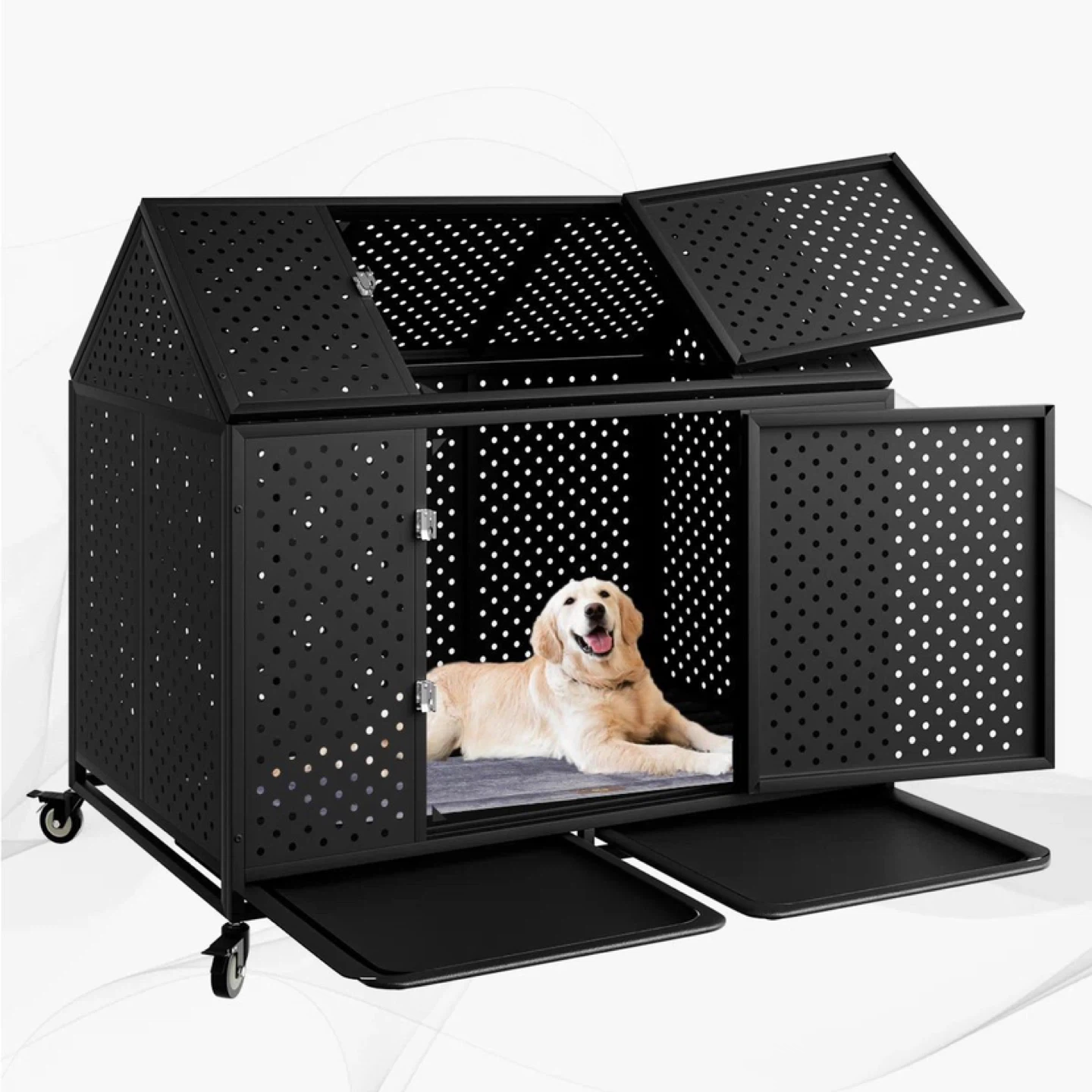 Black Metal Dog Kennel with Pull-out Tray