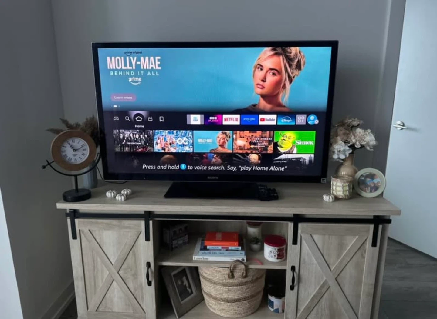 Farmhouse Sliding Barn Door TV Stand - Wood Grain - photo 4