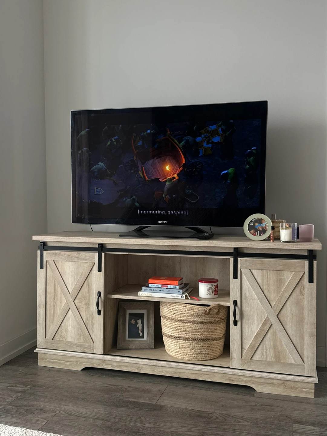 Farmhouse Sliding Barn Door TV Stand - Wood Grain - photo 3