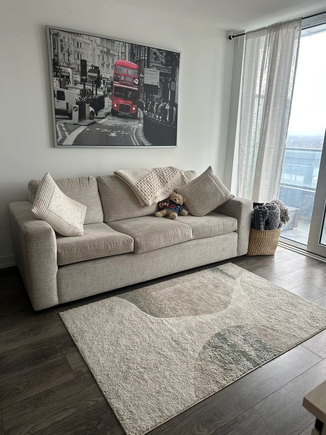 Comfortable Beige Fabric Sofa with Accent Pillows