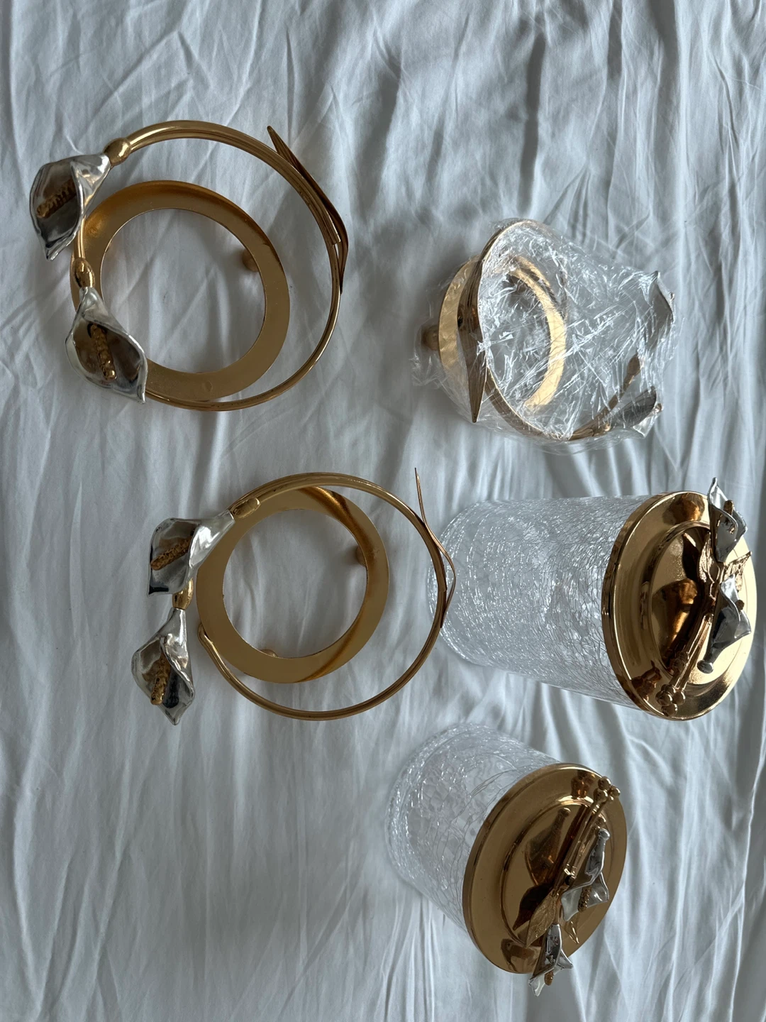 Gold and Silver Calla Lily Napkin Rings and Crackle Glass Jars