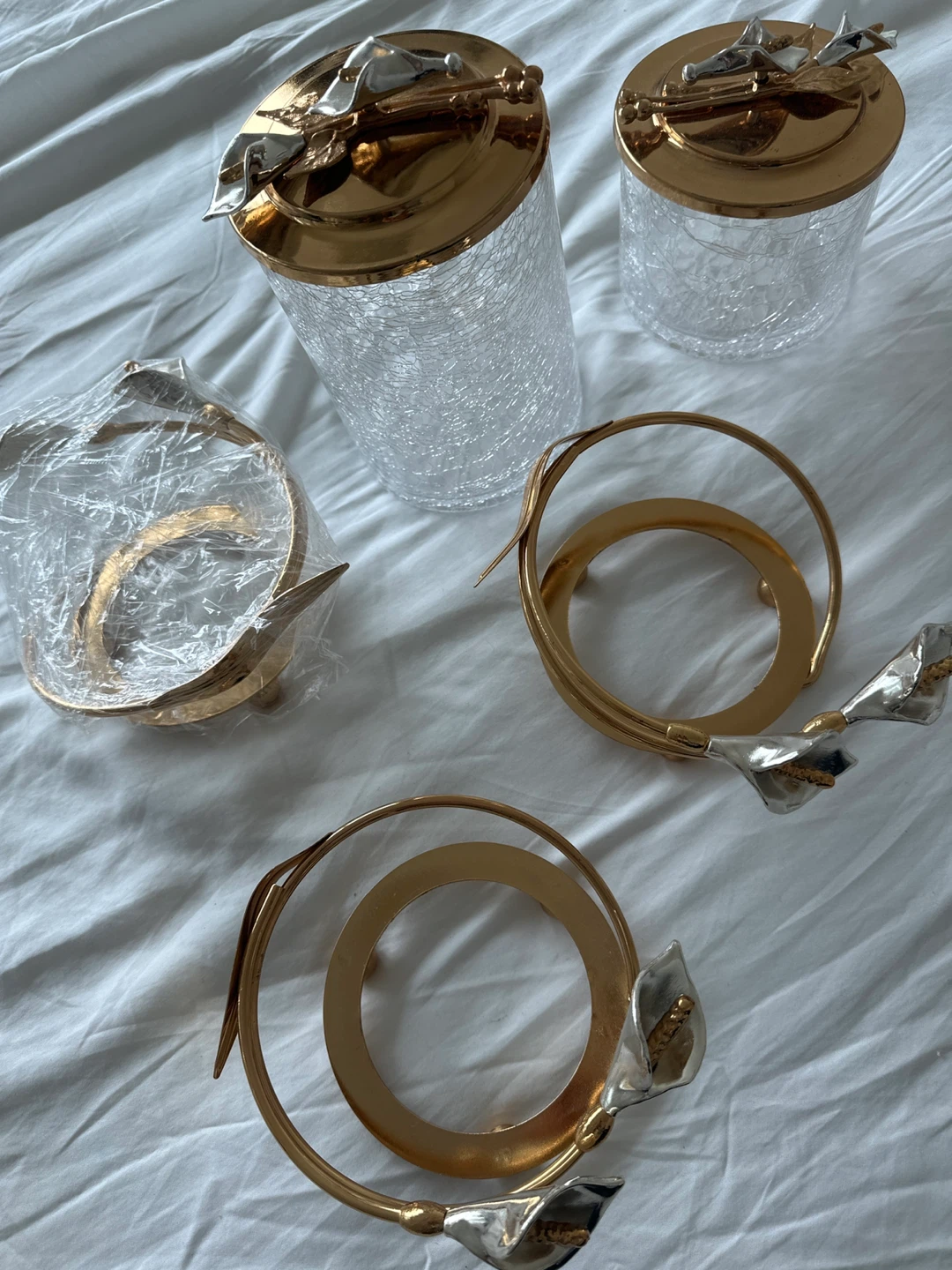 Gold and Silver Calla Lily Napkin Rings and Crackle Glass Jars - photo 4