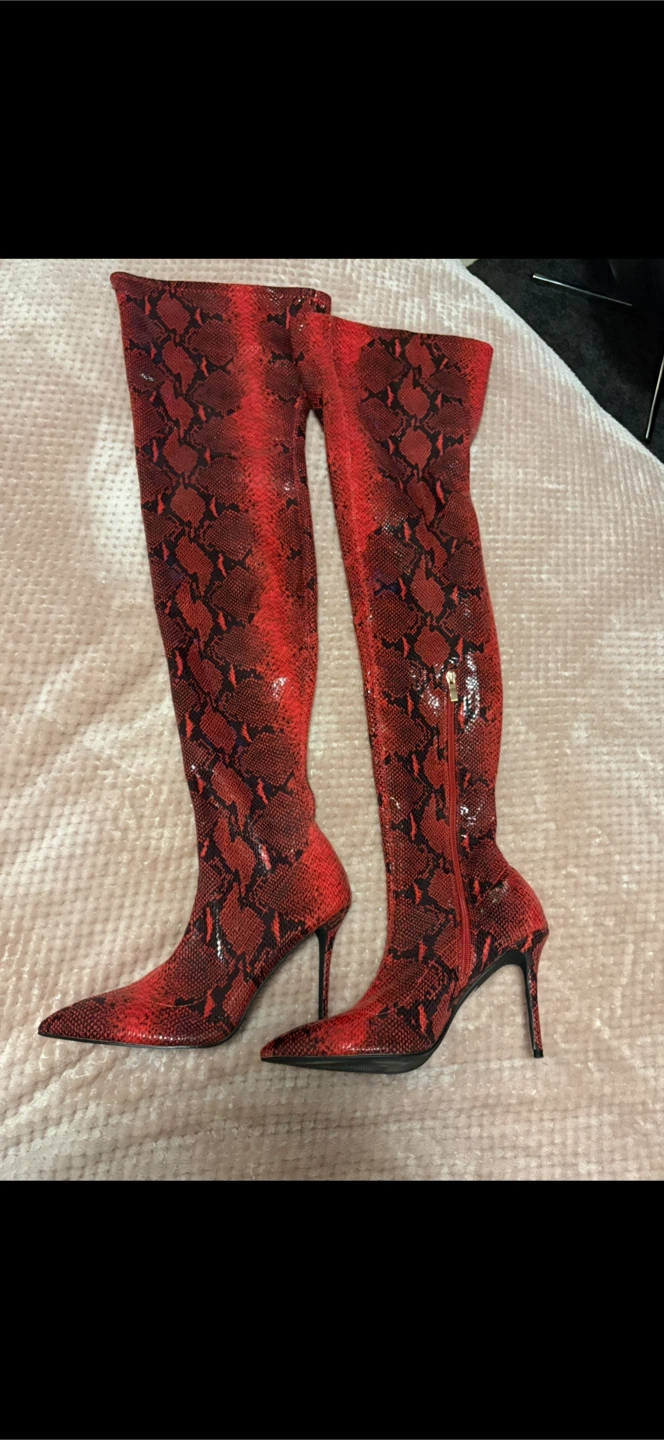 Red Snake Print Thigh High Boots with Stiletto Heel