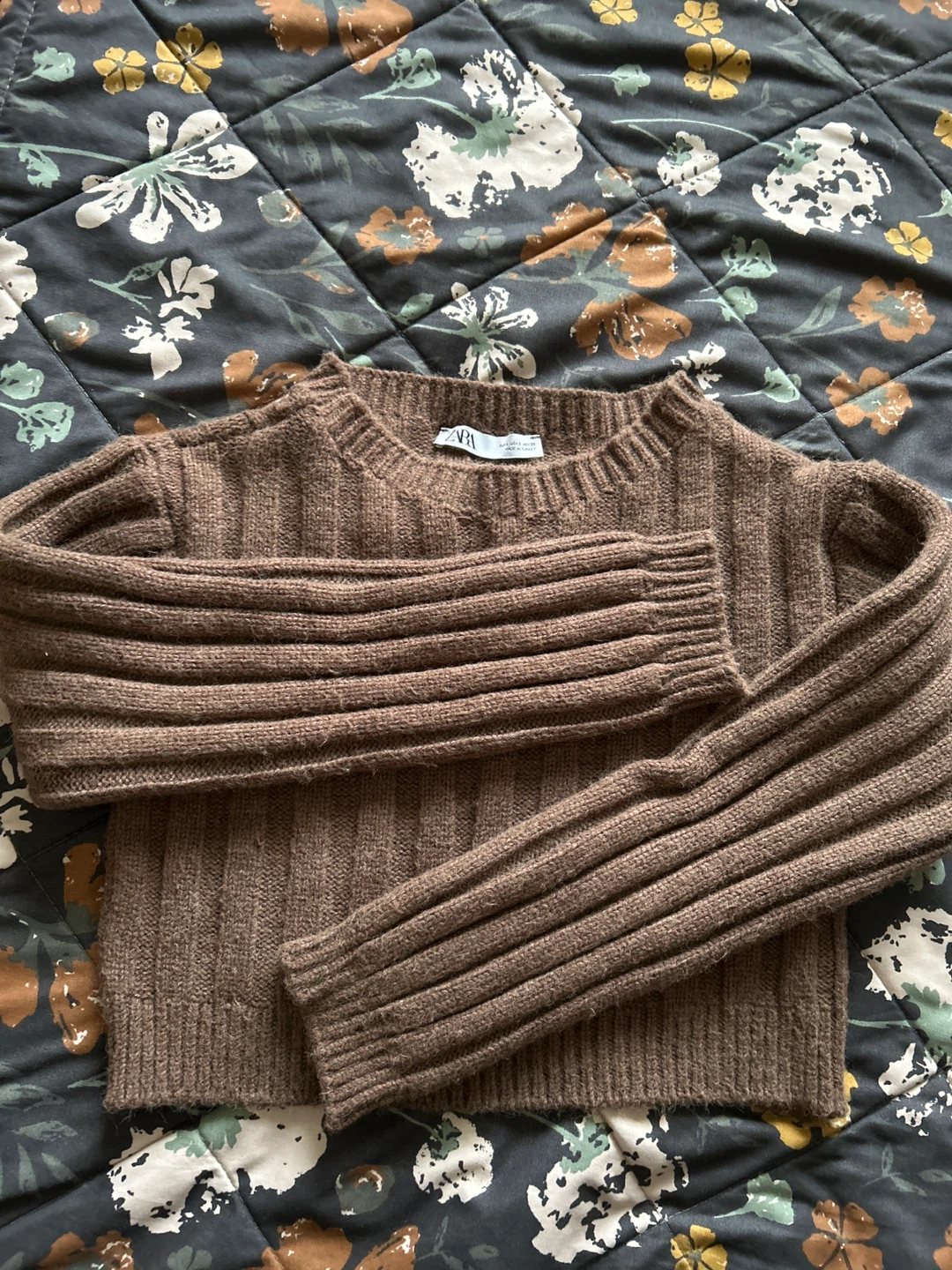 Zara Brown Ribbed Knit Cropped Sweater