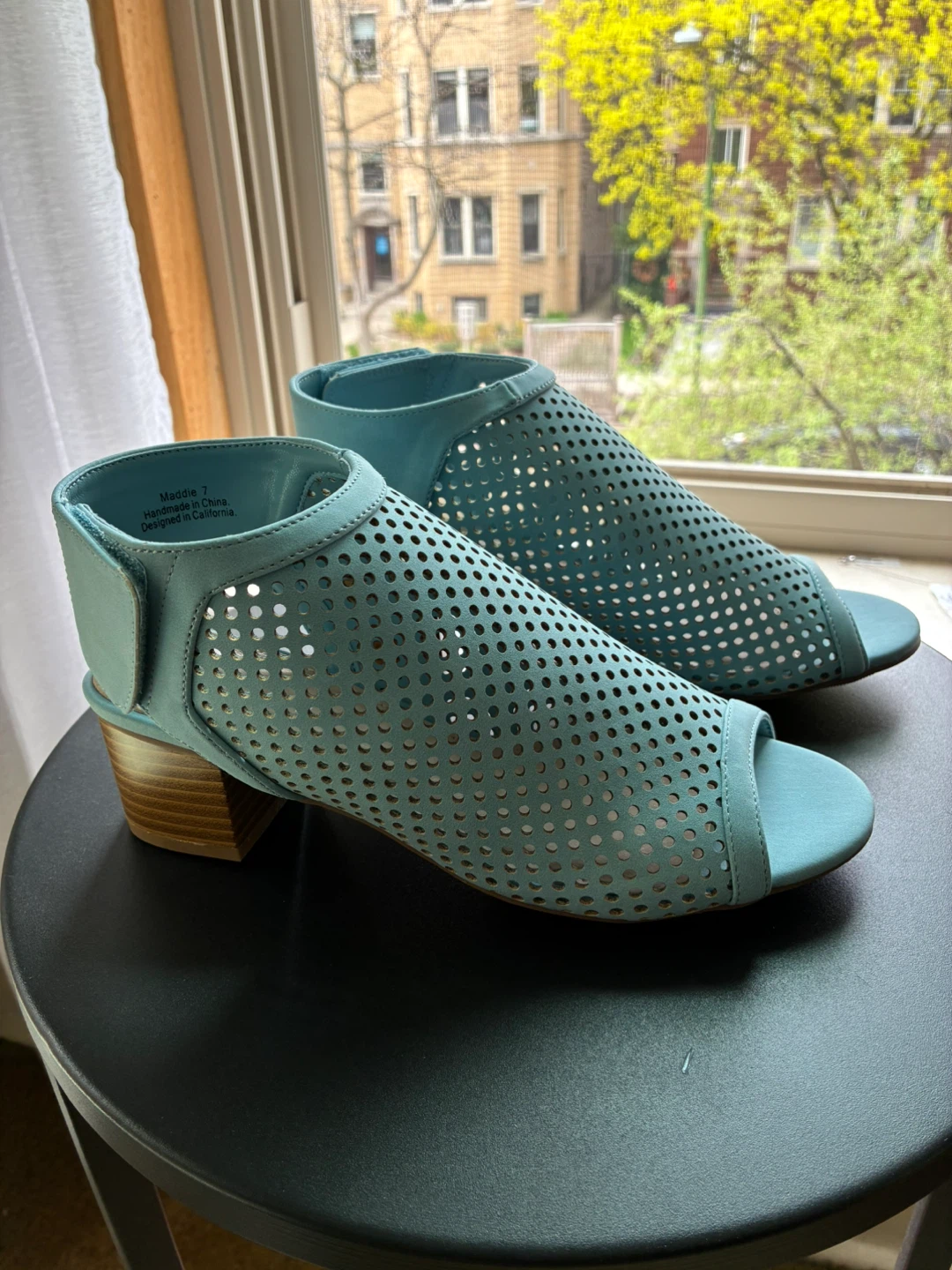 Blue Perforated Block Heel Booties