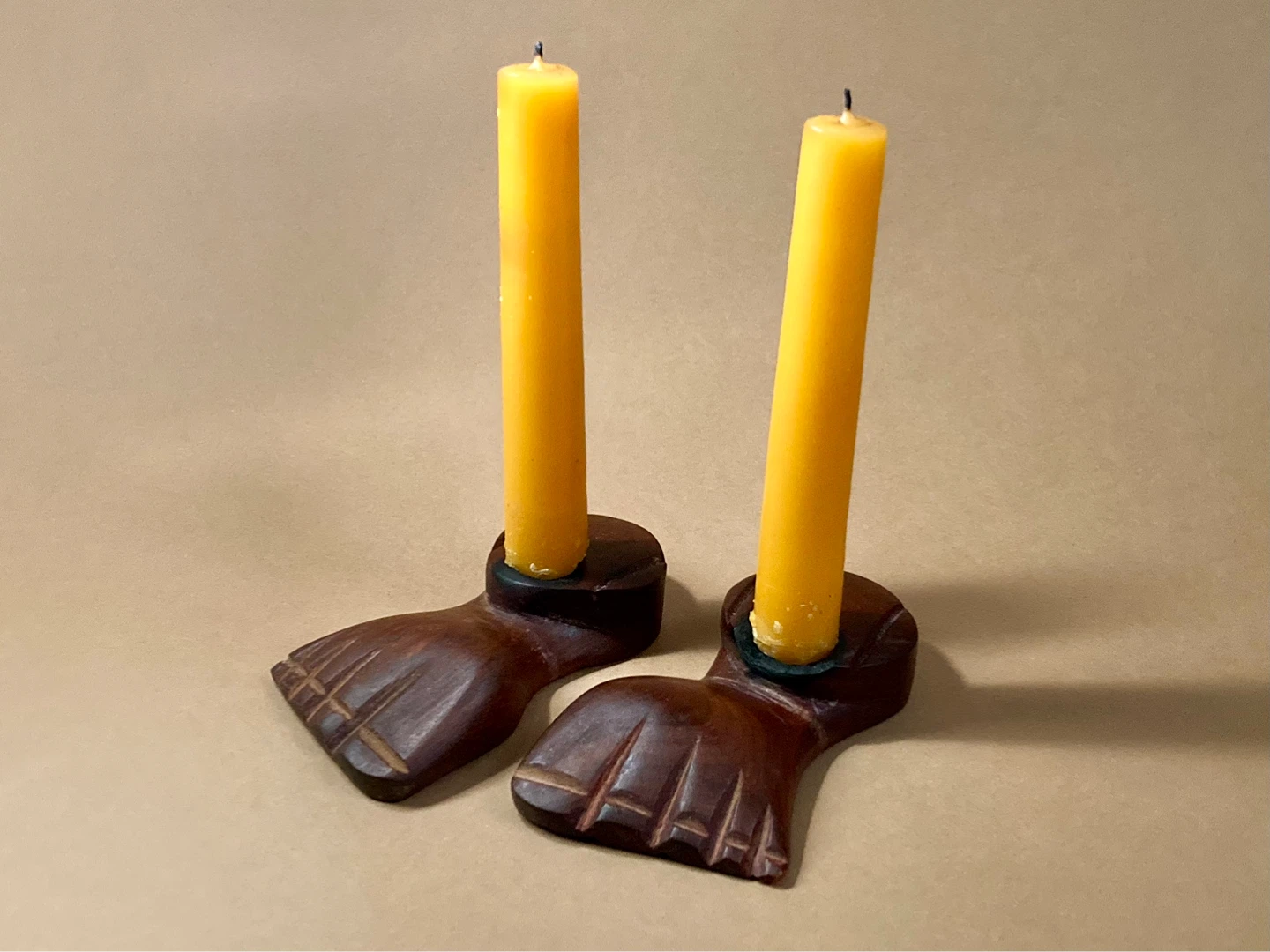 Vintage Wood Hand-Carved Feet Candleholders