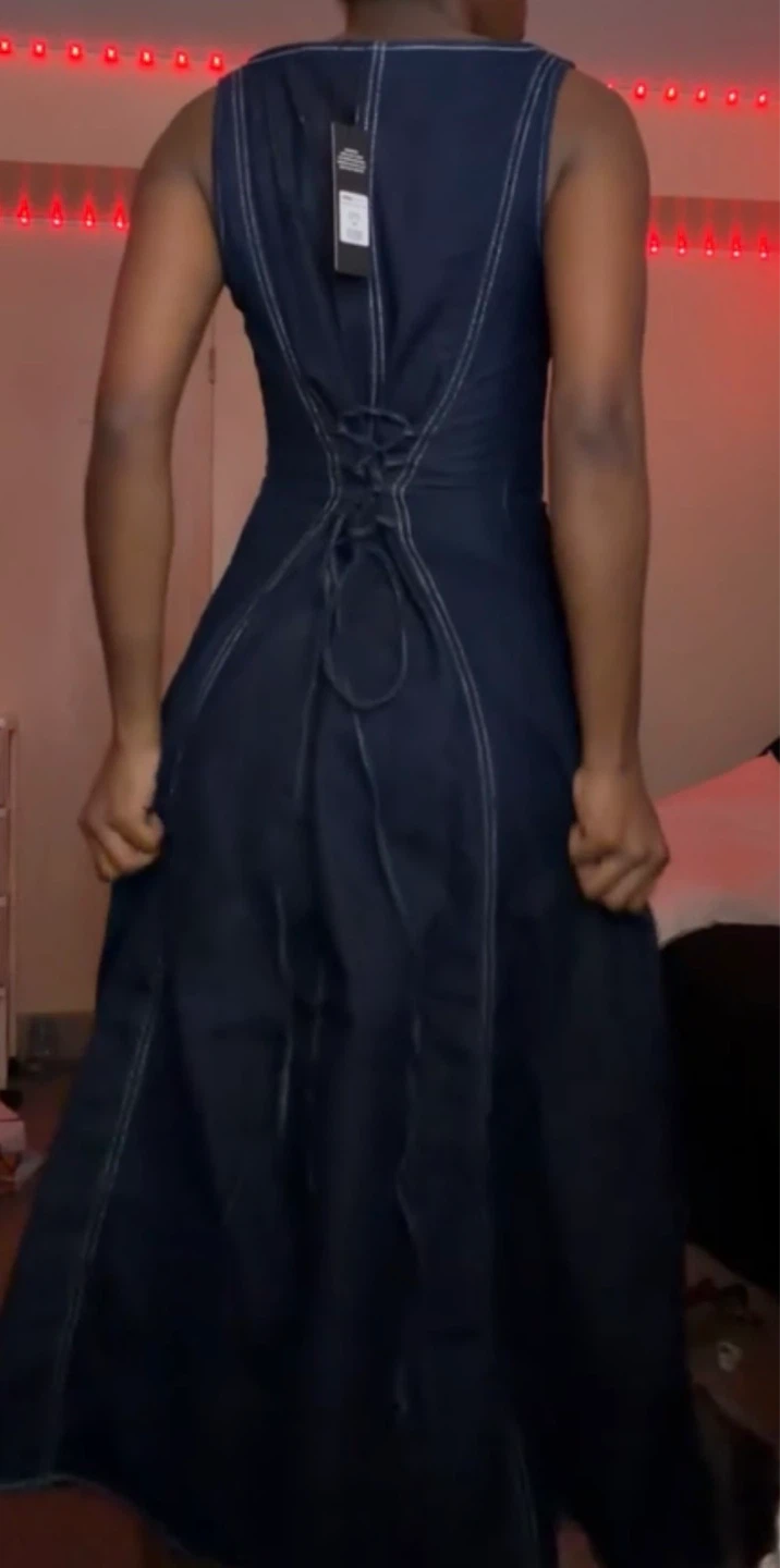 Denim Button-Front Midi Dress (lace up back) - photo 4