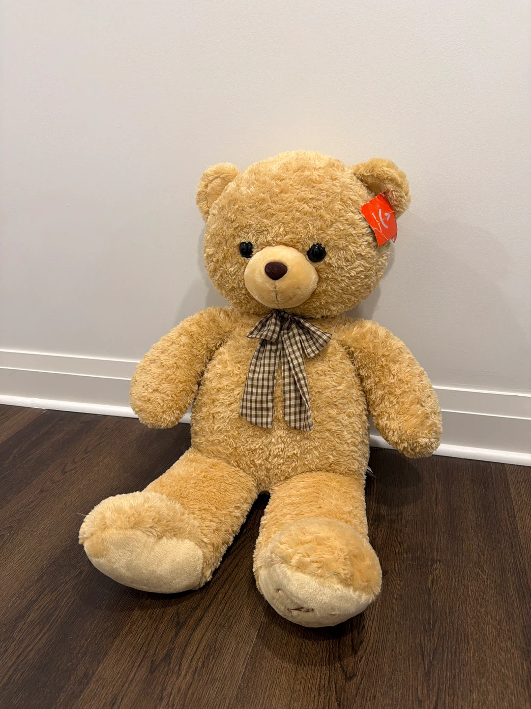 Large Plush Teddy Bear with Plaid Bow