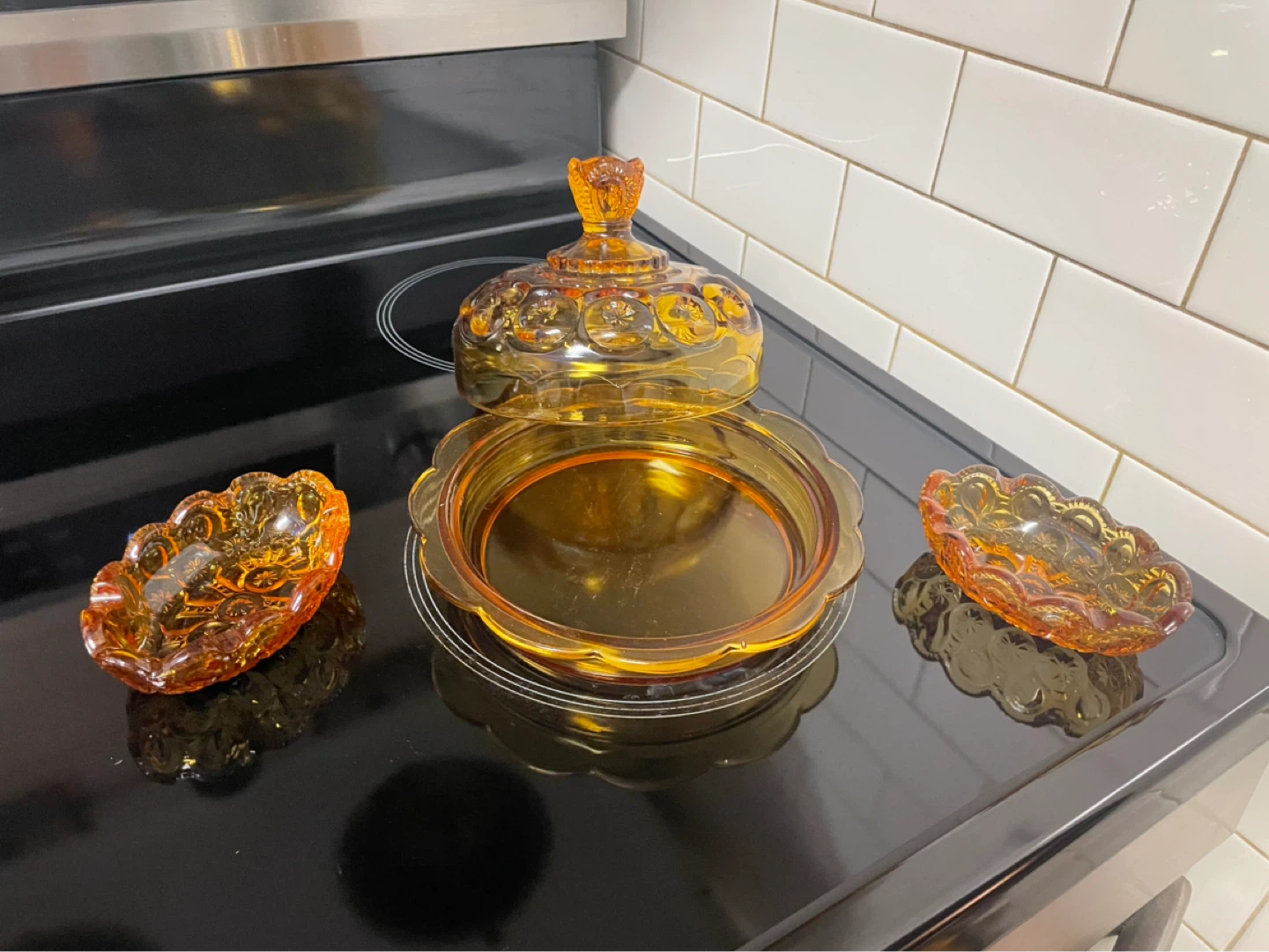 Amber Moon Glass Covered Butter Dish with 2 Small Bowls