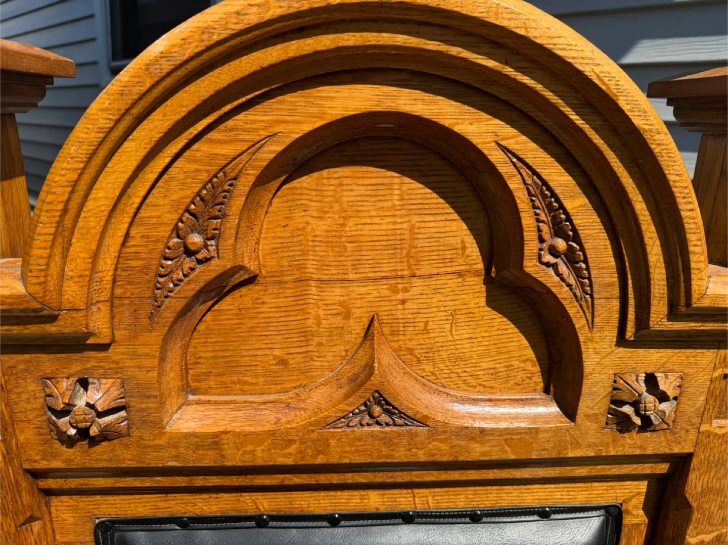 Antique Oak Throne Chair with Black Upholstery