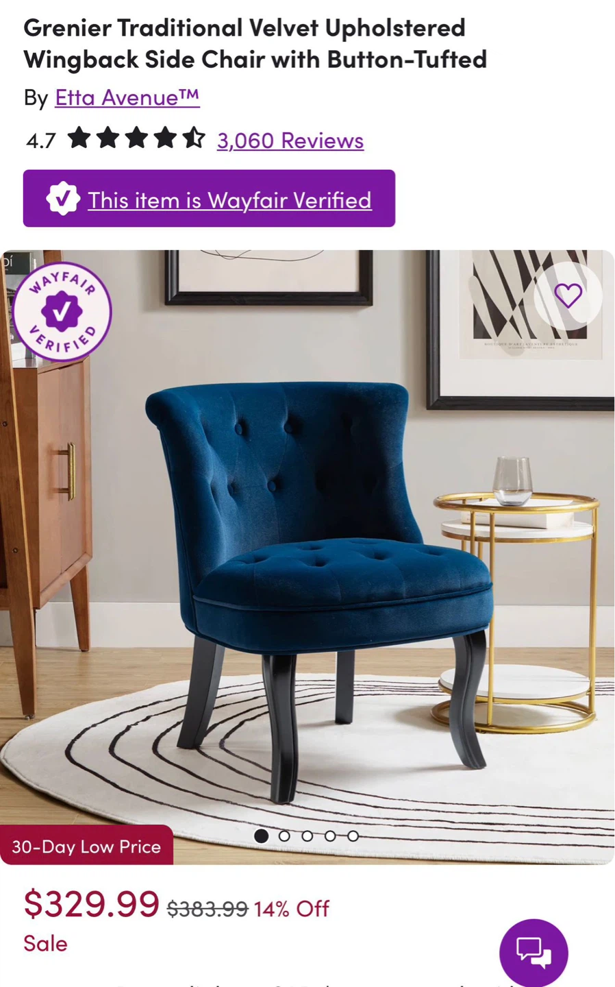 Etta Avenue Traditional Velvet Wingback Chair - Royal Blue - photo 5