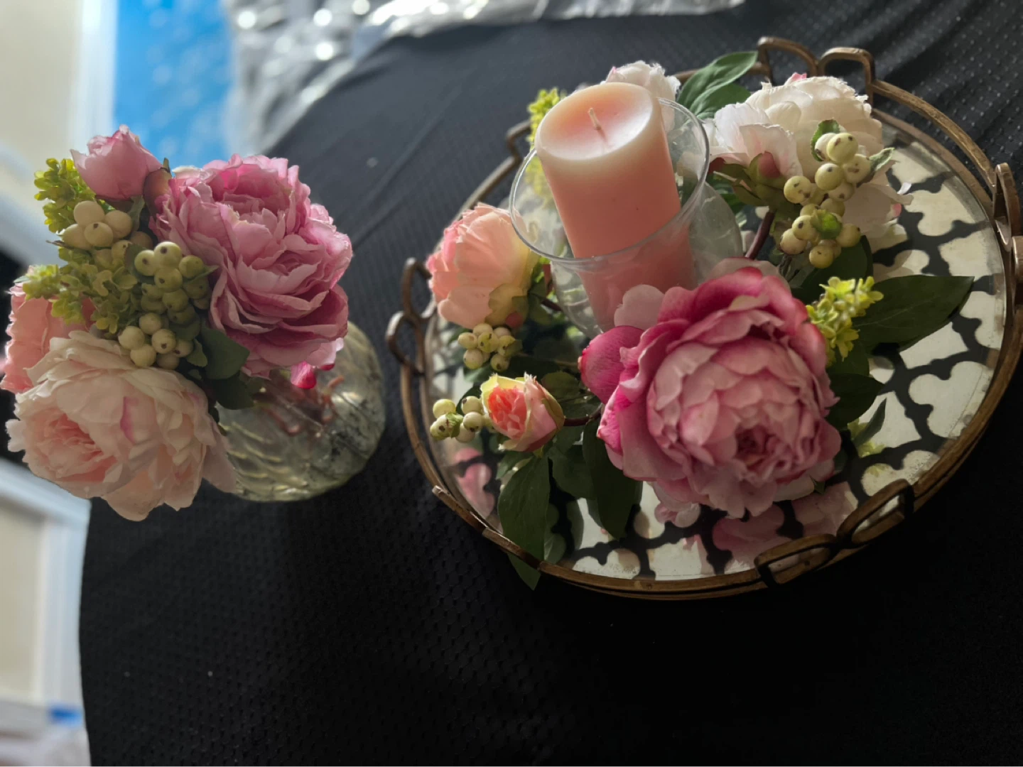 Decorative Tray with Faux Flowers and Candle