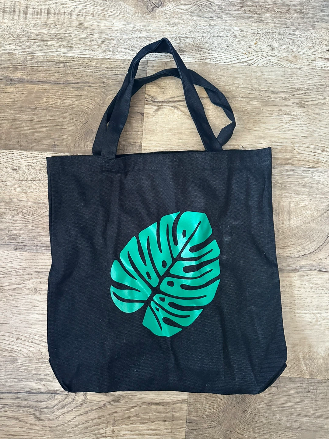 Black Tote Bag with Green Monstera Leaf Design